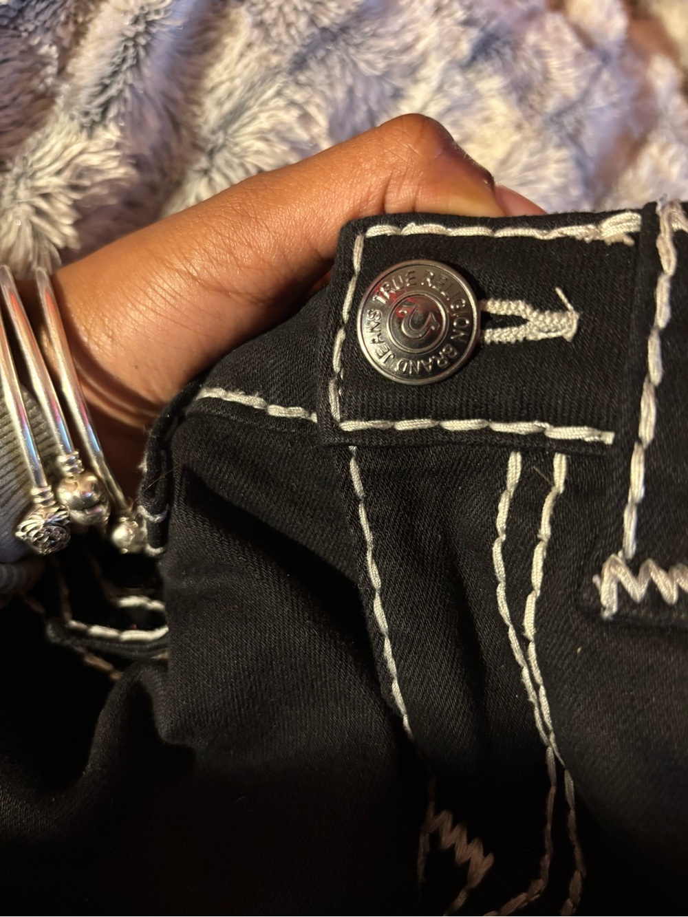 True Religion Women's Black Bootcut Jeans with White Stitching - Picture 5 of 7